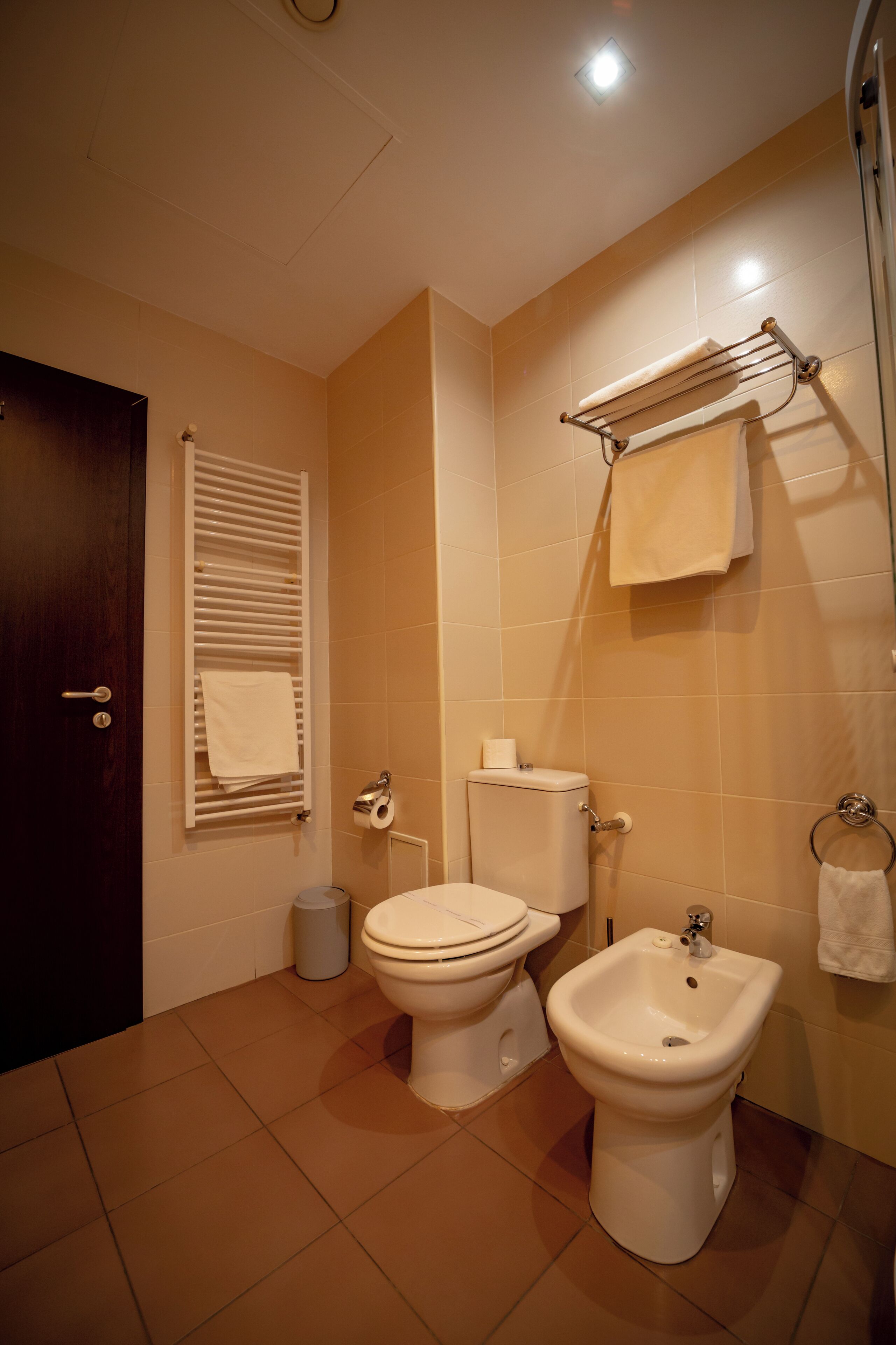 Een badkamer met toilet, bidet, handdoekrek en prullenbak.