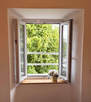 Ein Fenster mit Blick auf grüne Natur.