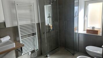 Shower, hair dryer, towels