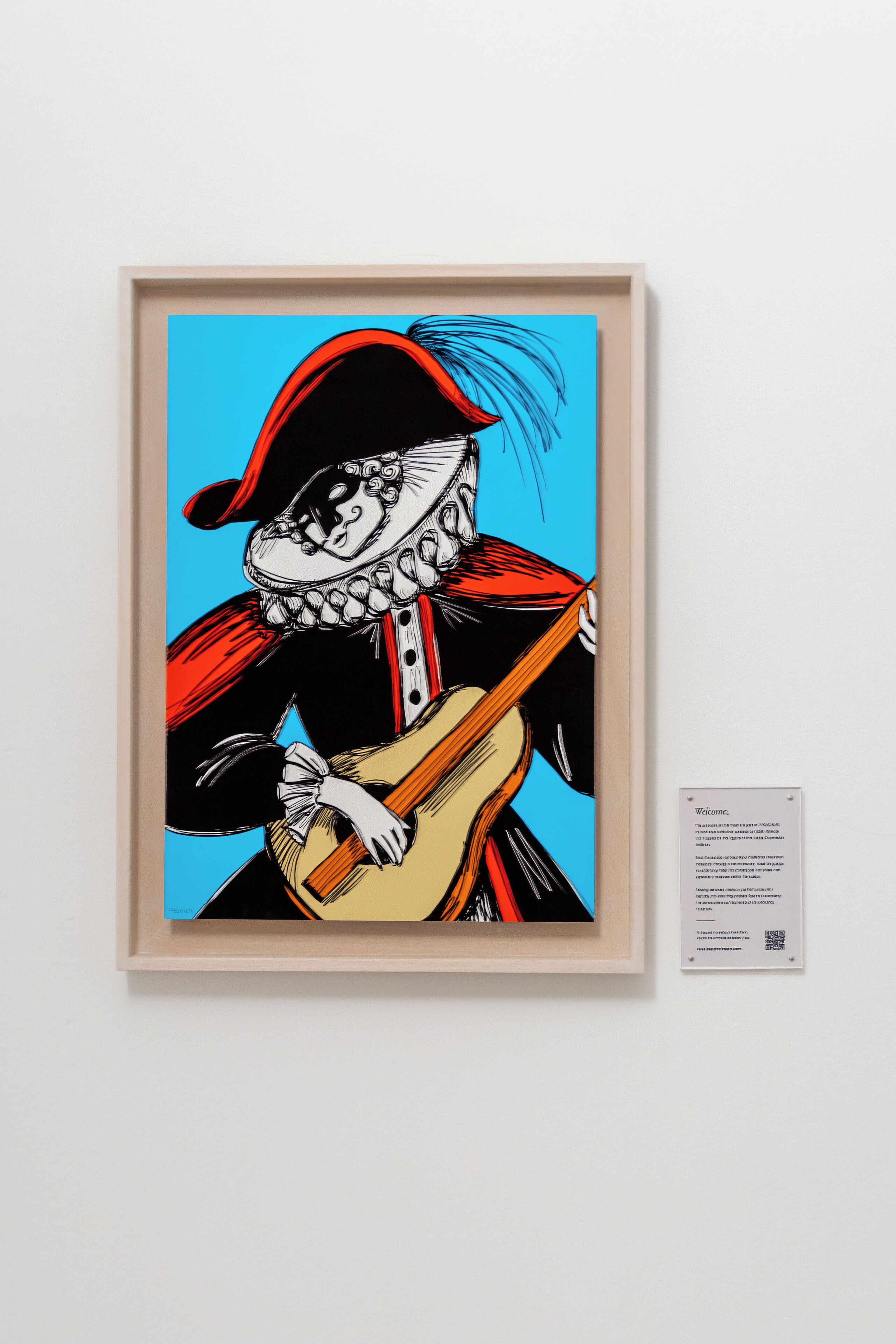 Une œuvre d’art encadrée représentant une personne vêtue d’une tenue noire et rouge, tenant une guitare, et accrochée à un mur sur lequel est peint un fond blanc.
