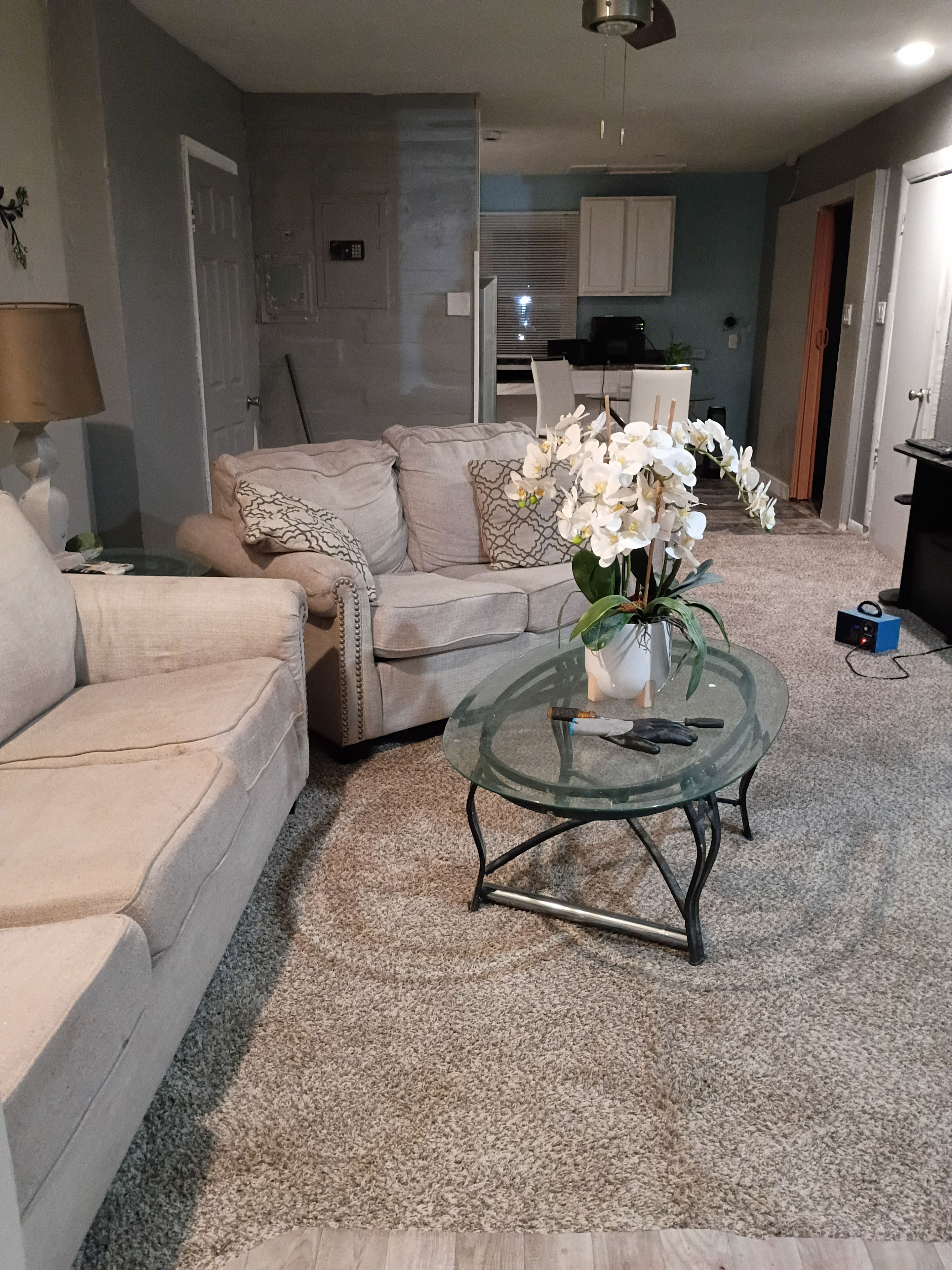 A living room with a beige sofa, a glass coffee table, and white orchids.
