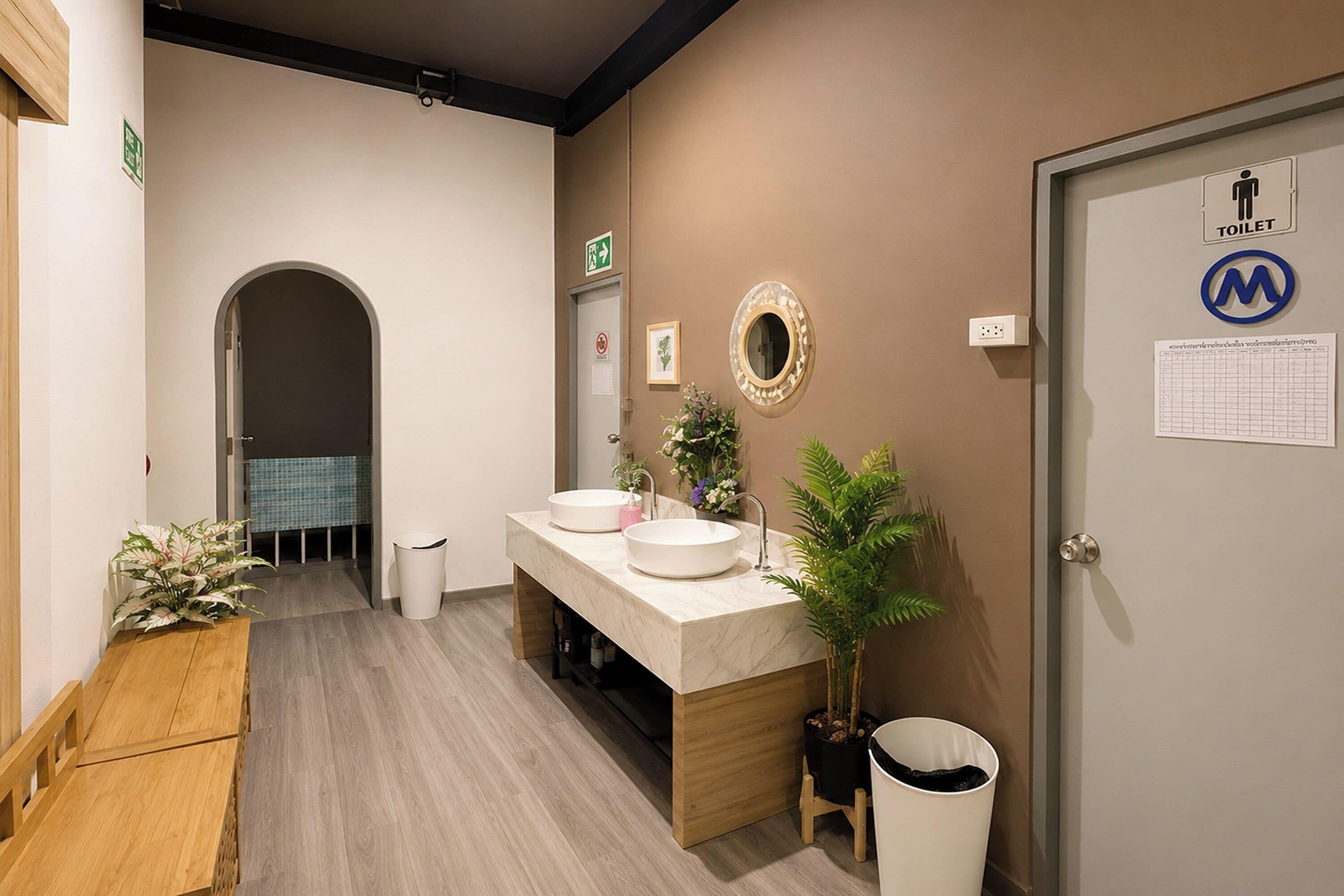 A modern bathroom with a wooden bench, two sinks, a mirror, and a potted plant.