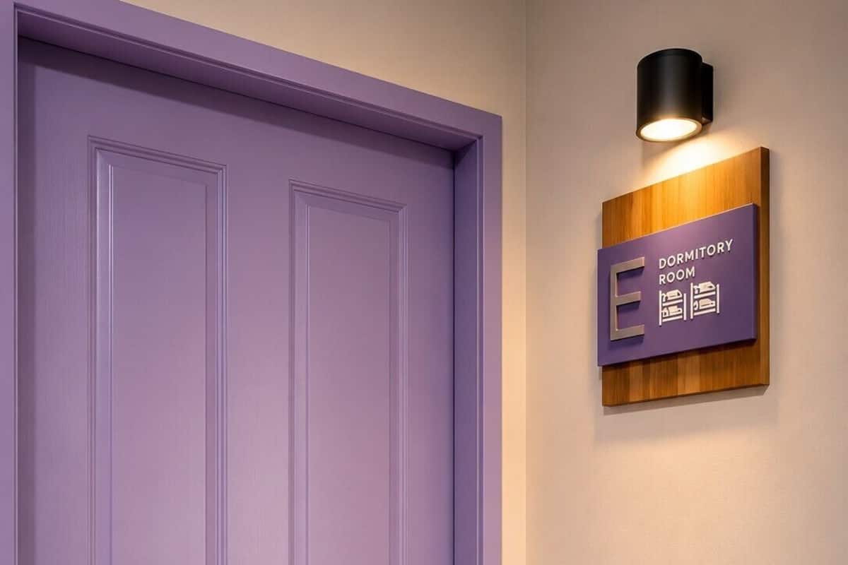 Une porte violette avec un trou de serrure, une enseigne fixée au mur indiquant « SALLE DU DORMITOIRE », et un luminaire fixé au mur.