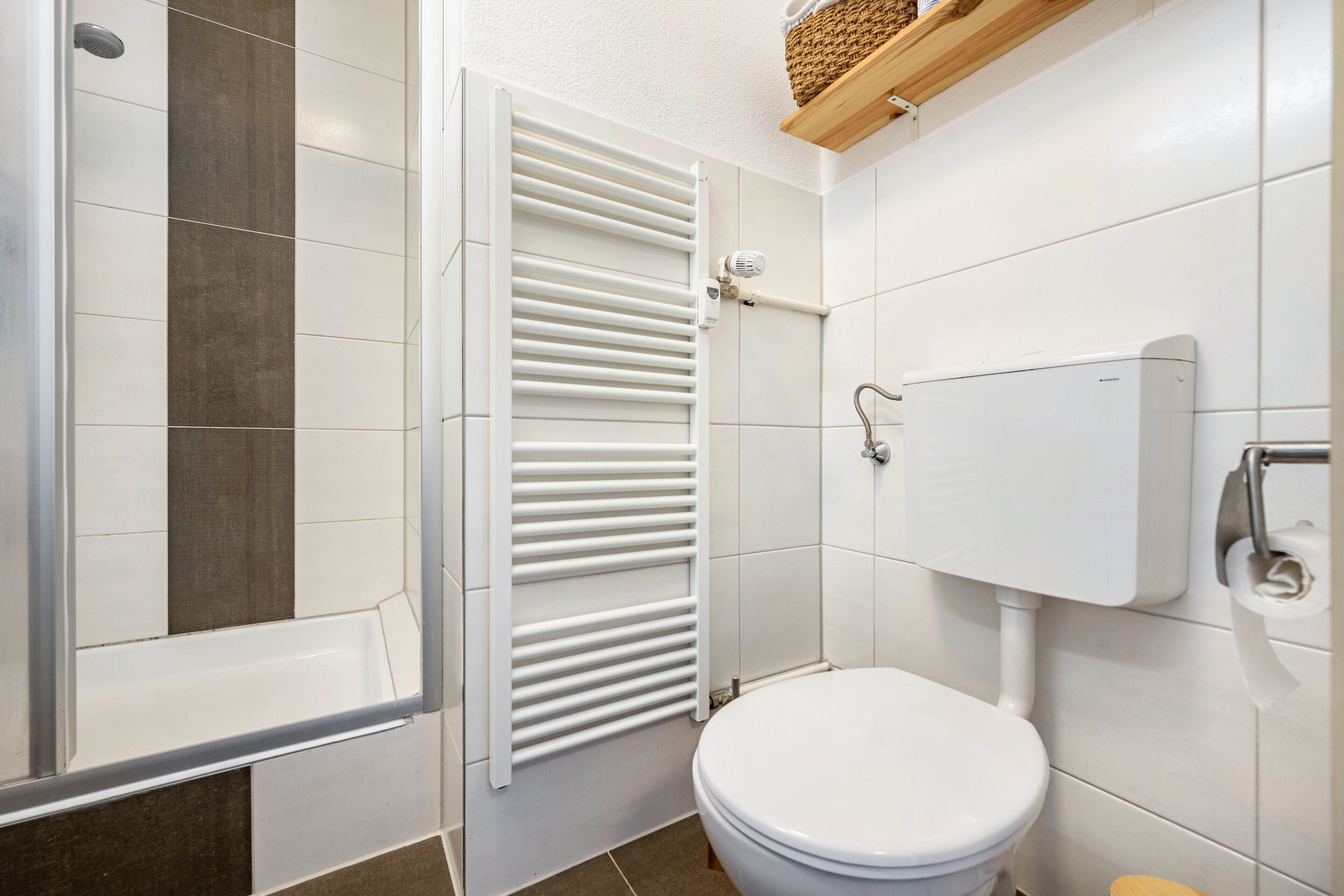 A bathroom with a shower, a toilet, a radiator, and a wall-mounted toilet paper holder.