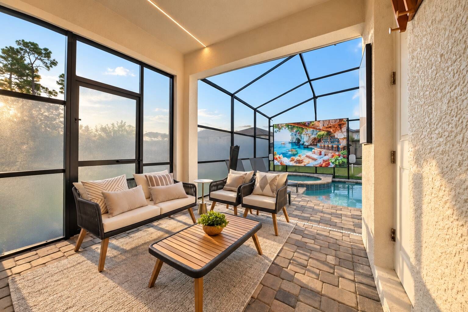 A sunlit patio with a pool, a sofa set, and a large window overlooking a scenic view.