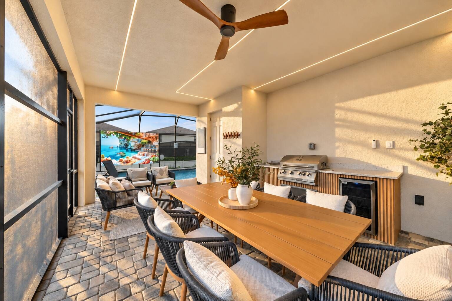 Un espace de restauration en plein air avec une table et des chaises en bois, un ventilateur de plafond et un coin barbecue.