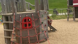 A wooden play structure with climbing elements and a slide, set on sandy ground with a grassy field in the background. - Cozy North Sea Apartment – Perfect for You, Your Partner, or Small Family (Büsumer Deichhausen)