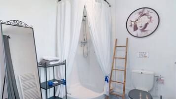 Baño con ducha, inodoro y espejo.