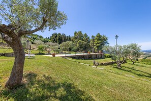 A park with a large tree, a stone wall, and a bench. - Apartment 'Podere Del Botruccio - Girasole' with Shared Pool, Garden & Wi-Fi (Pomarance)