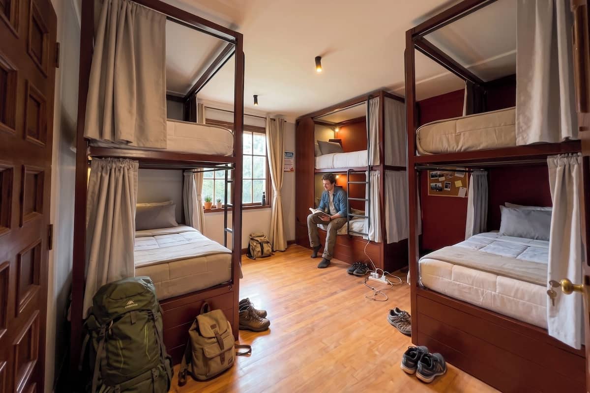 A dormitory room with bunk beds, a window with curtains, a small table with a lamp, and a backpack on the floor.