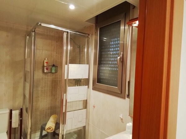 Shower, hair dryer, towels