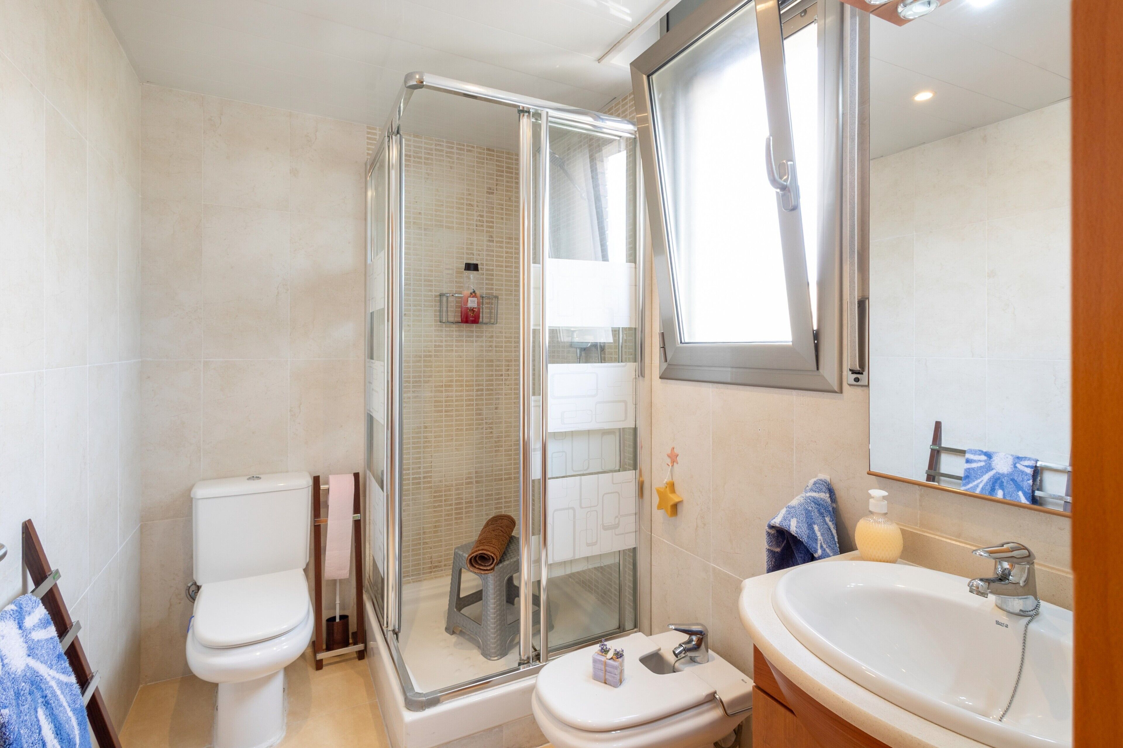 Shower, hair dryer, towels
