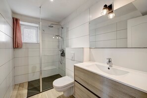 A modern bathroom with a glass shower enclosure, a toilet, a vanity with a sink, and a large mirror. - Holiday Home 'Gîte Aber 3km Plages' with Private Terrace, Garden & Wi-Fi (Telgruc-sur-Mer)