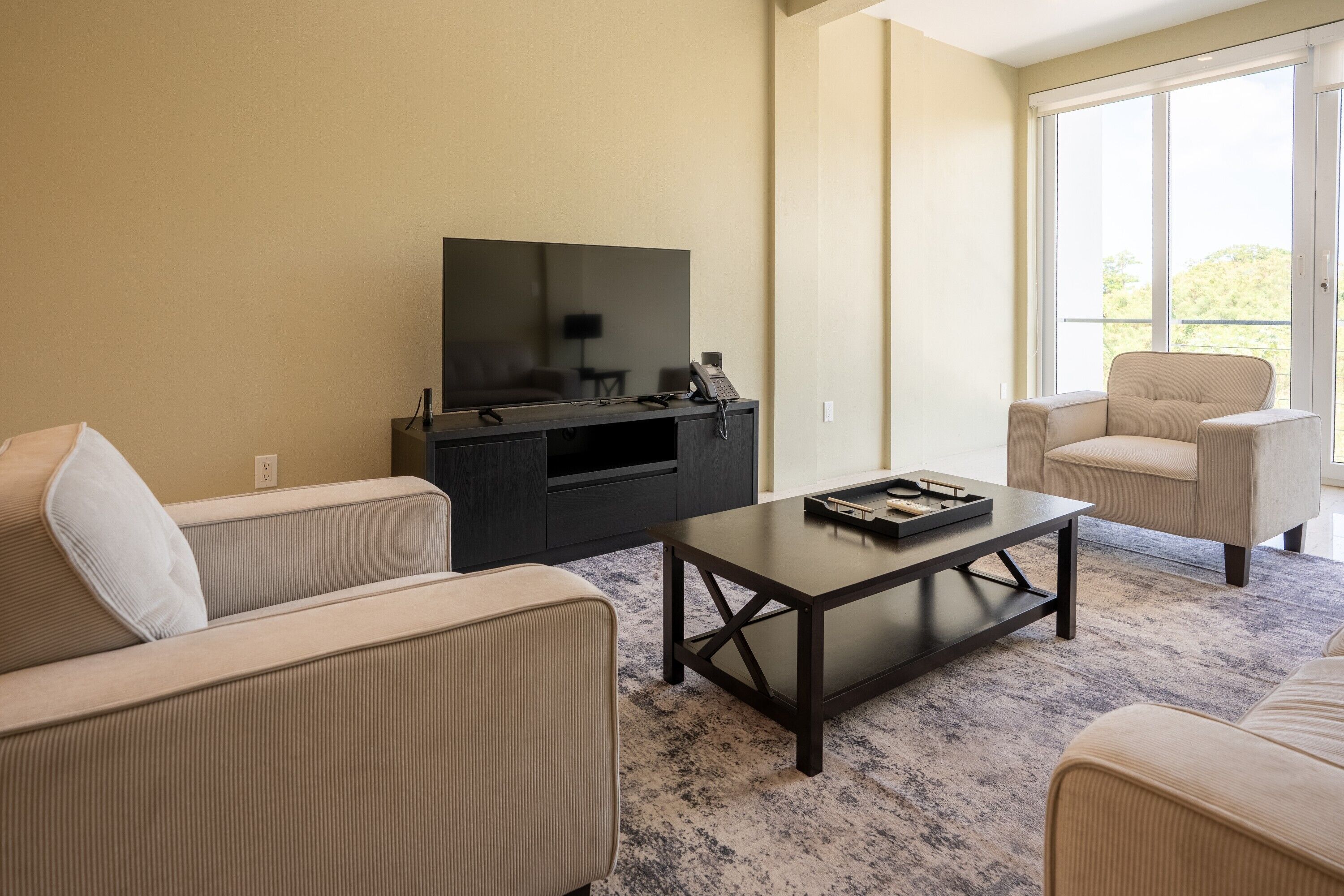 A living room with a flat-screen TV, a coffee table, and two sofas.