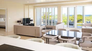 Deluxe Apartment, 3 Bedrooms, Partial Ocean View | Living area | 48-inch flat-screen TV with cable channels, Netflix, Hulu