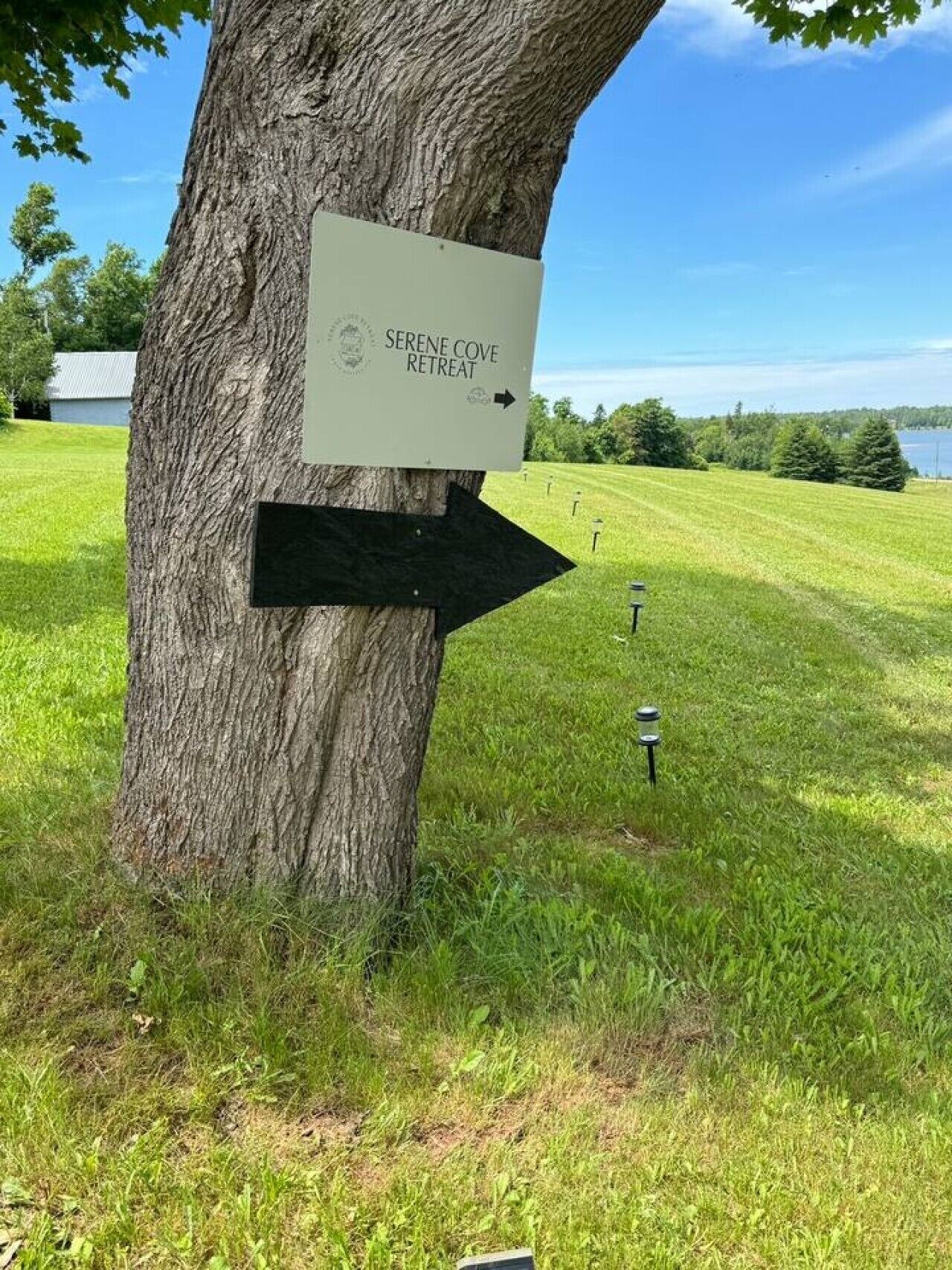 Une pancarte fixée à un arbre indique la direction à suivre pour rejoindre le centre de retraite de Serene Cove.