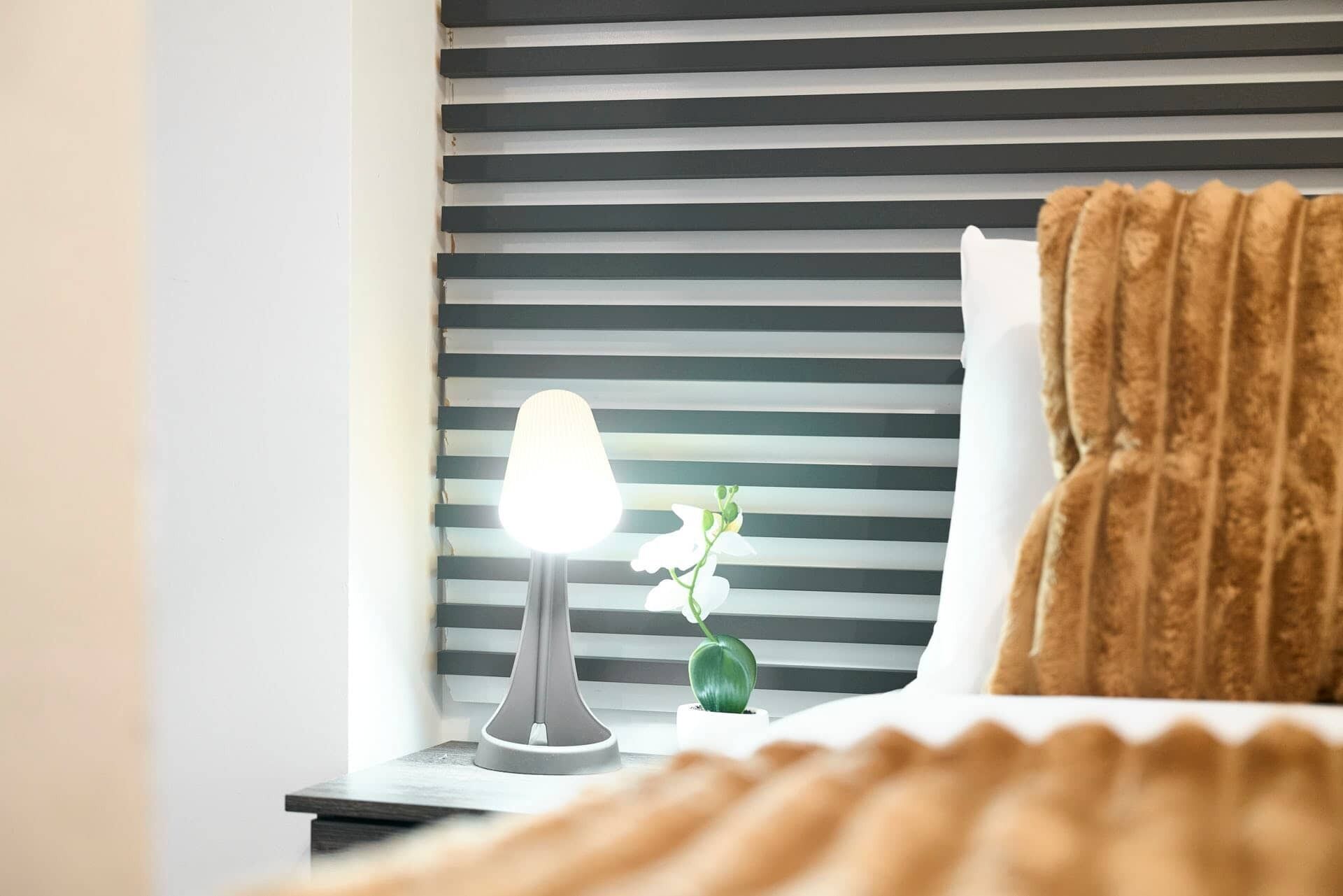 A bed with a striped headboard, a bedside lamp, a small potted plant, and a brown pillow.