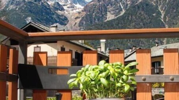 A balcony with a table, potted plants, and a view of mountains.
