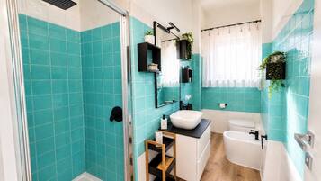 Shower, hair dryer, towels