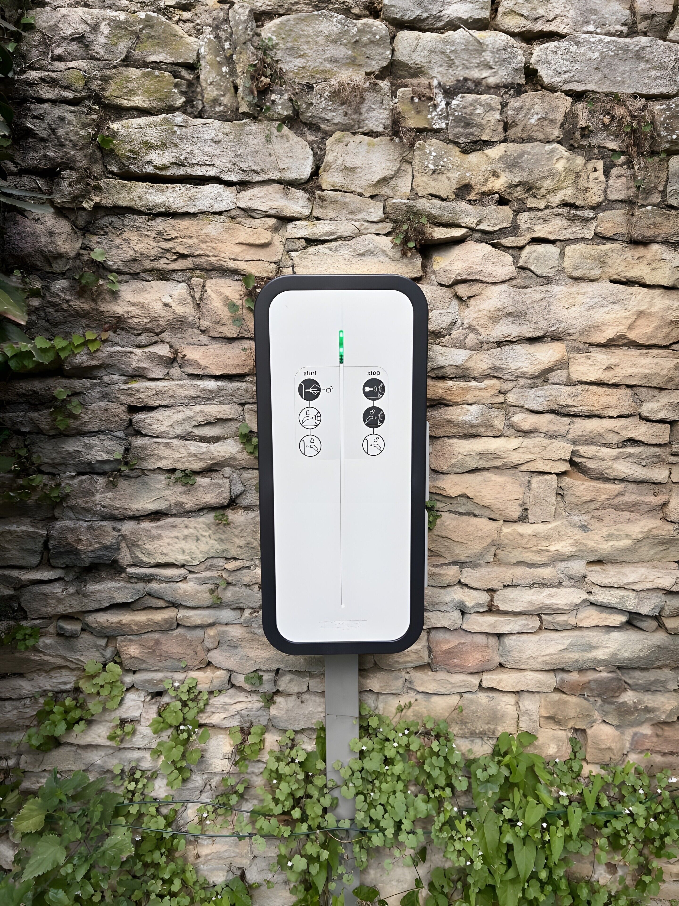Une boîte électrique murale, dotée de boutons de démarrage et d’arrêt, est fixée sur un mur de pierres recouvert de verdure.