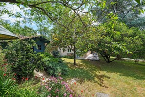 Um jardim com uma casa, uma árvore e uma mesa de piquenique.