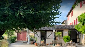 A courtyard with a building, a bench, potted plants, and a gravel path.