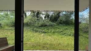 Blick aus einem Zimmer mit Schiebeglastür auf einen begrünten Garten mit üppigem Strauchwerk.