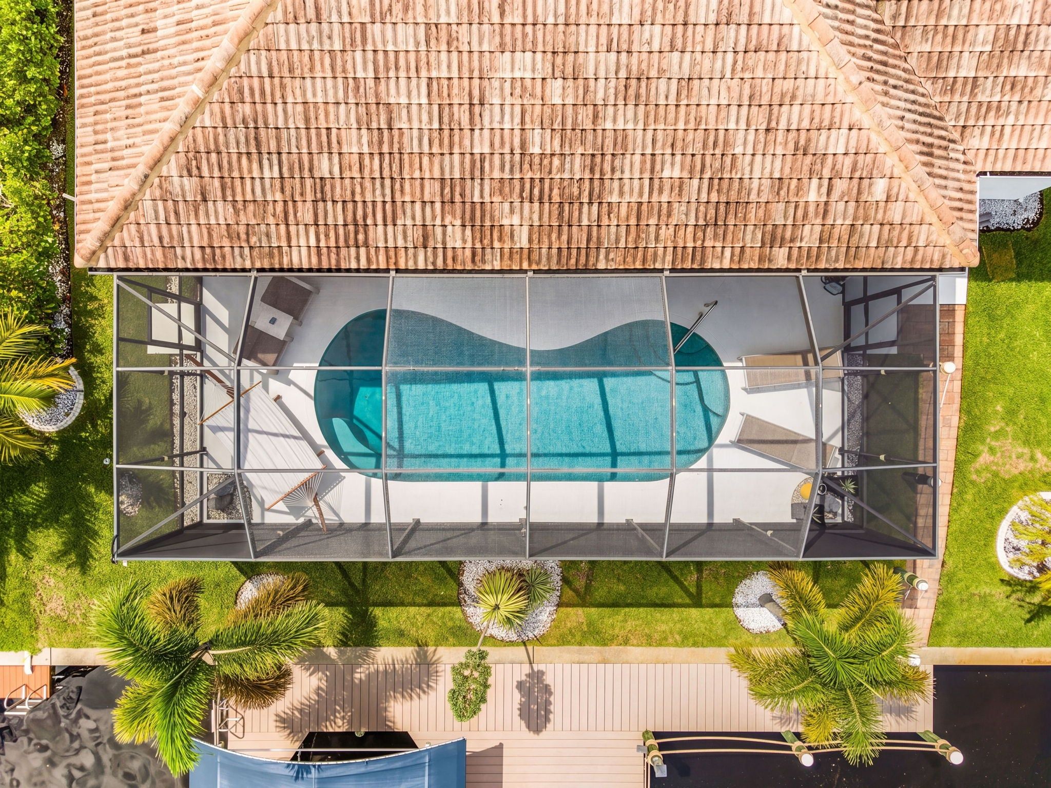 Ein Dachpool mit Glasveranda, umgeben von einer Holzterrasse und Palmen.