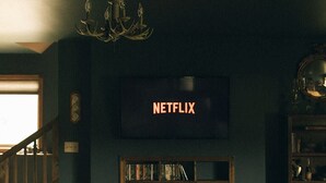 Una habitación tenuemente iluminada con una cama, una estantería, un televisor que muestra 'NETFLIX' y una araña.