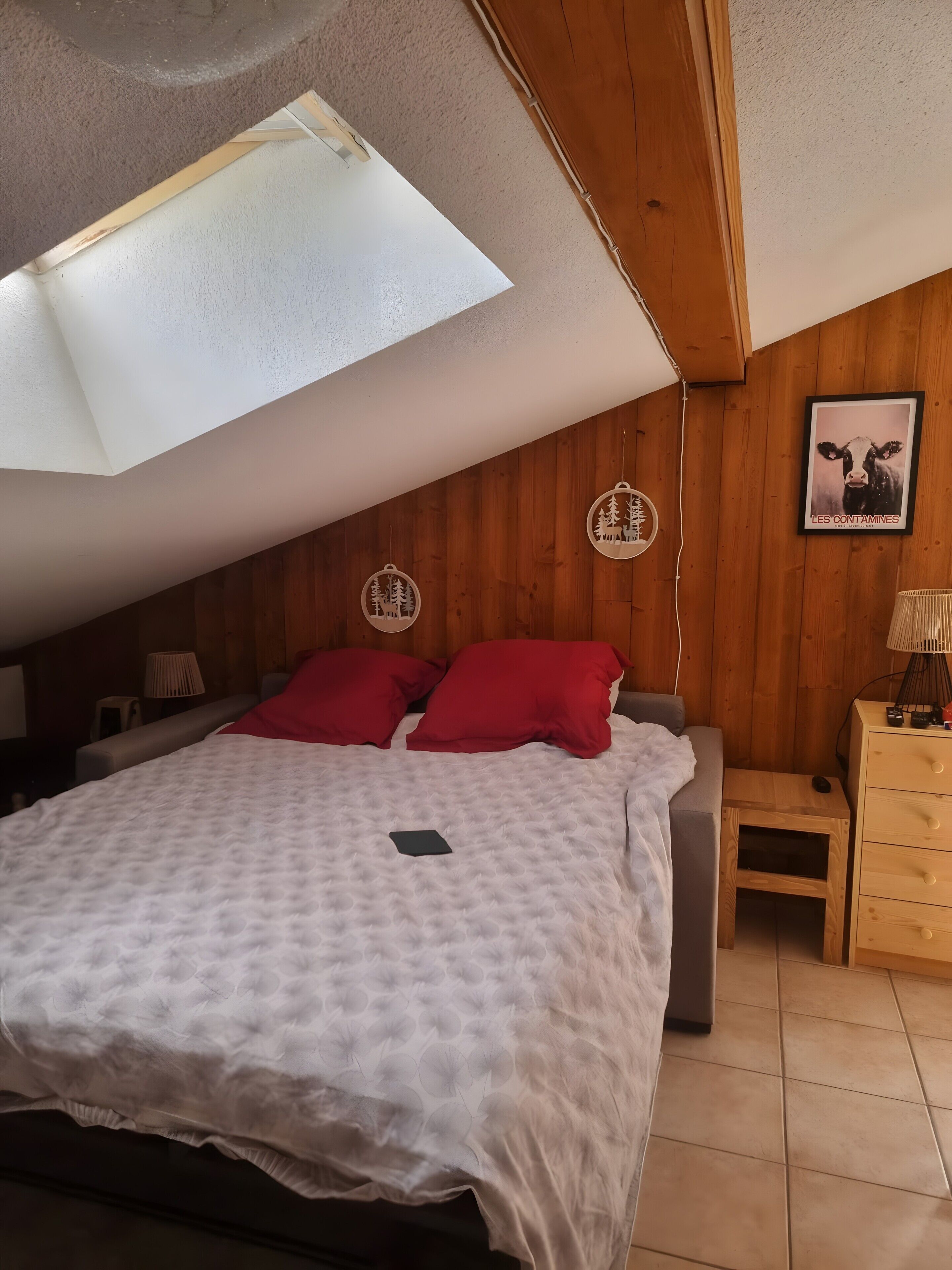 Ein Schlafzimmer mit schrägem Dach, einem Bett mit roten Kissen, einem Nachttisch und einem Wandbild.