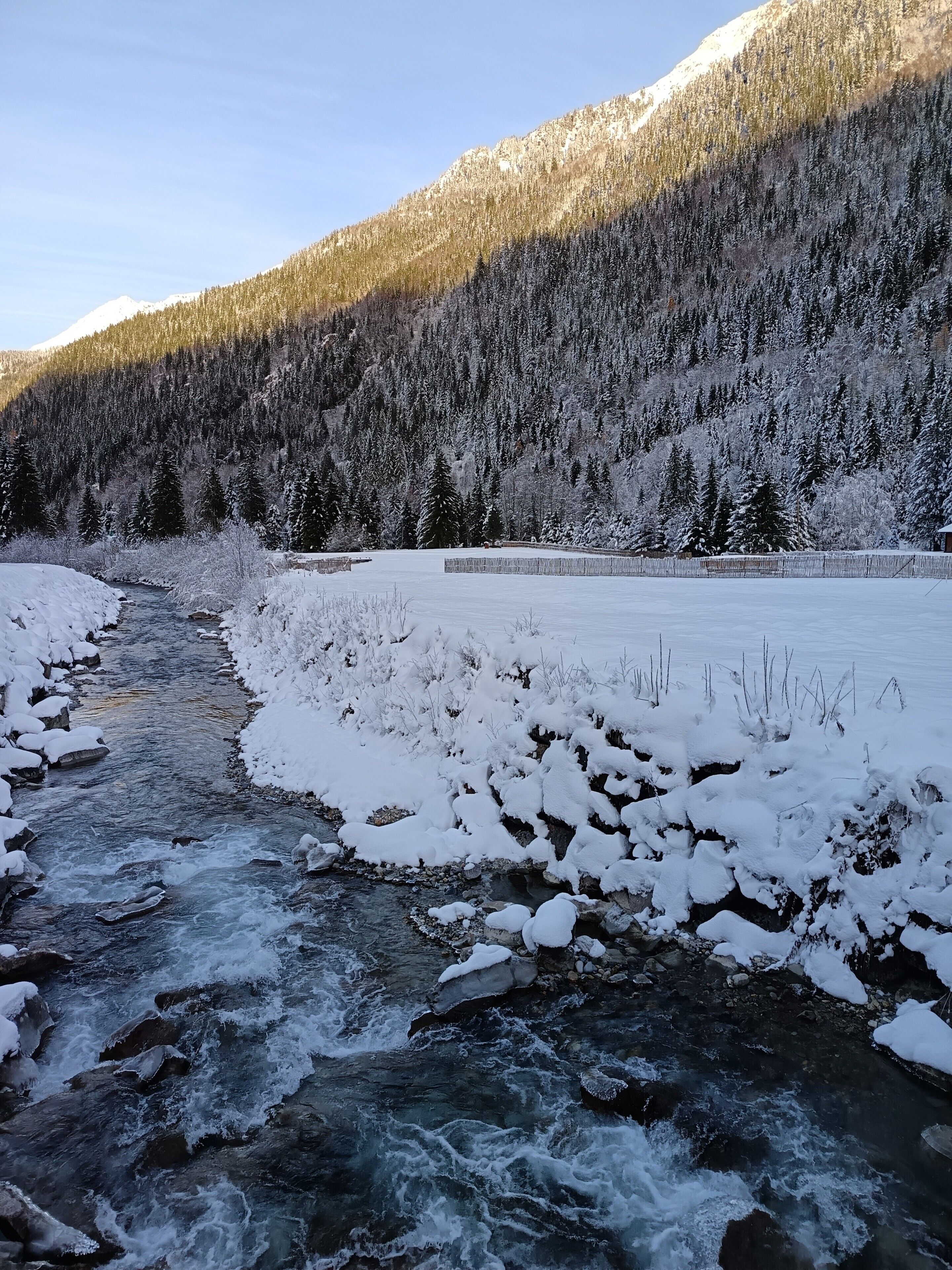 Un río que atraviesa un paisaje nevado, con una montaña boscosa al fondo.