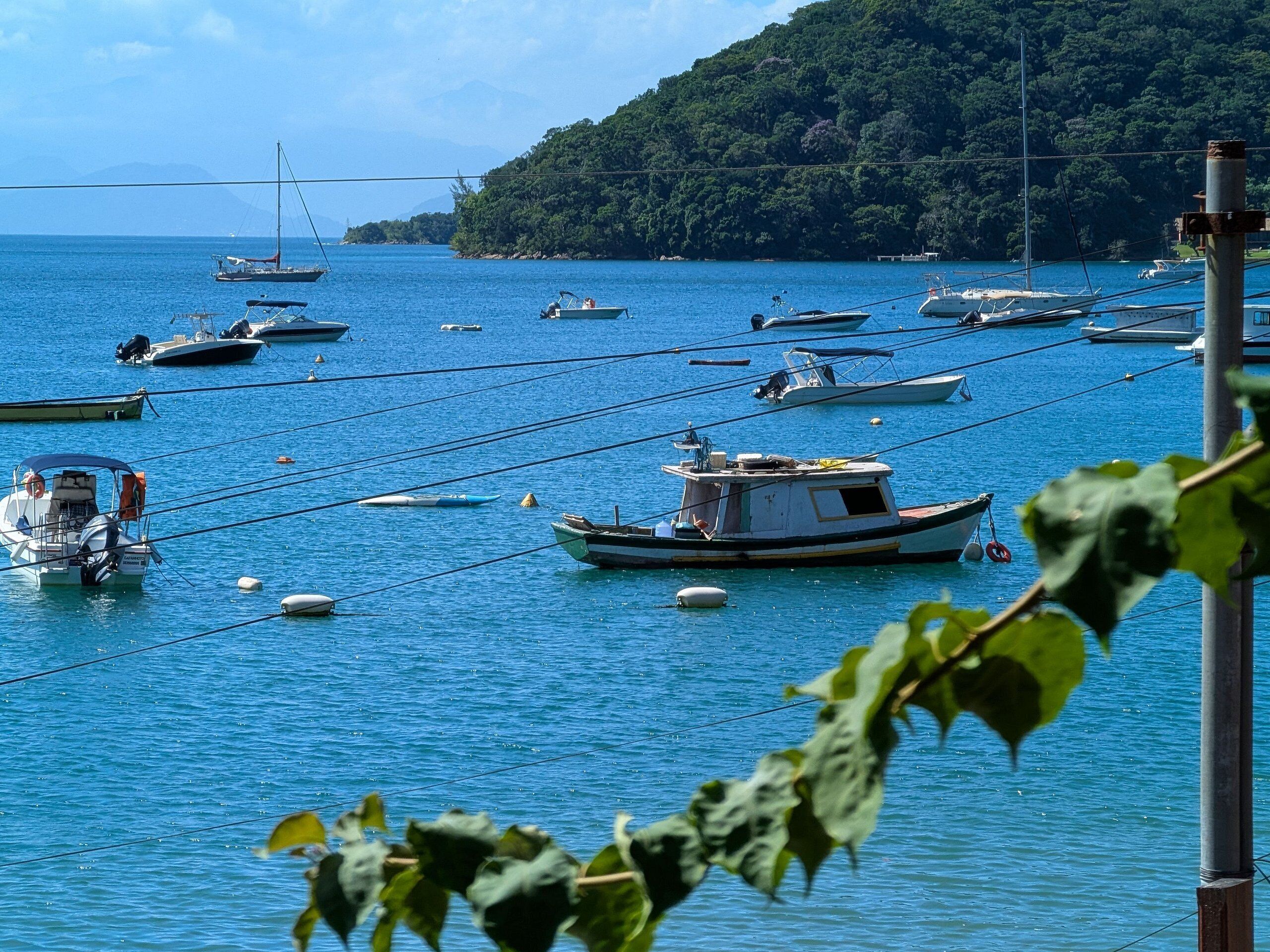 A marina with various boats docked, surrounded by water and a forested hill in the background.