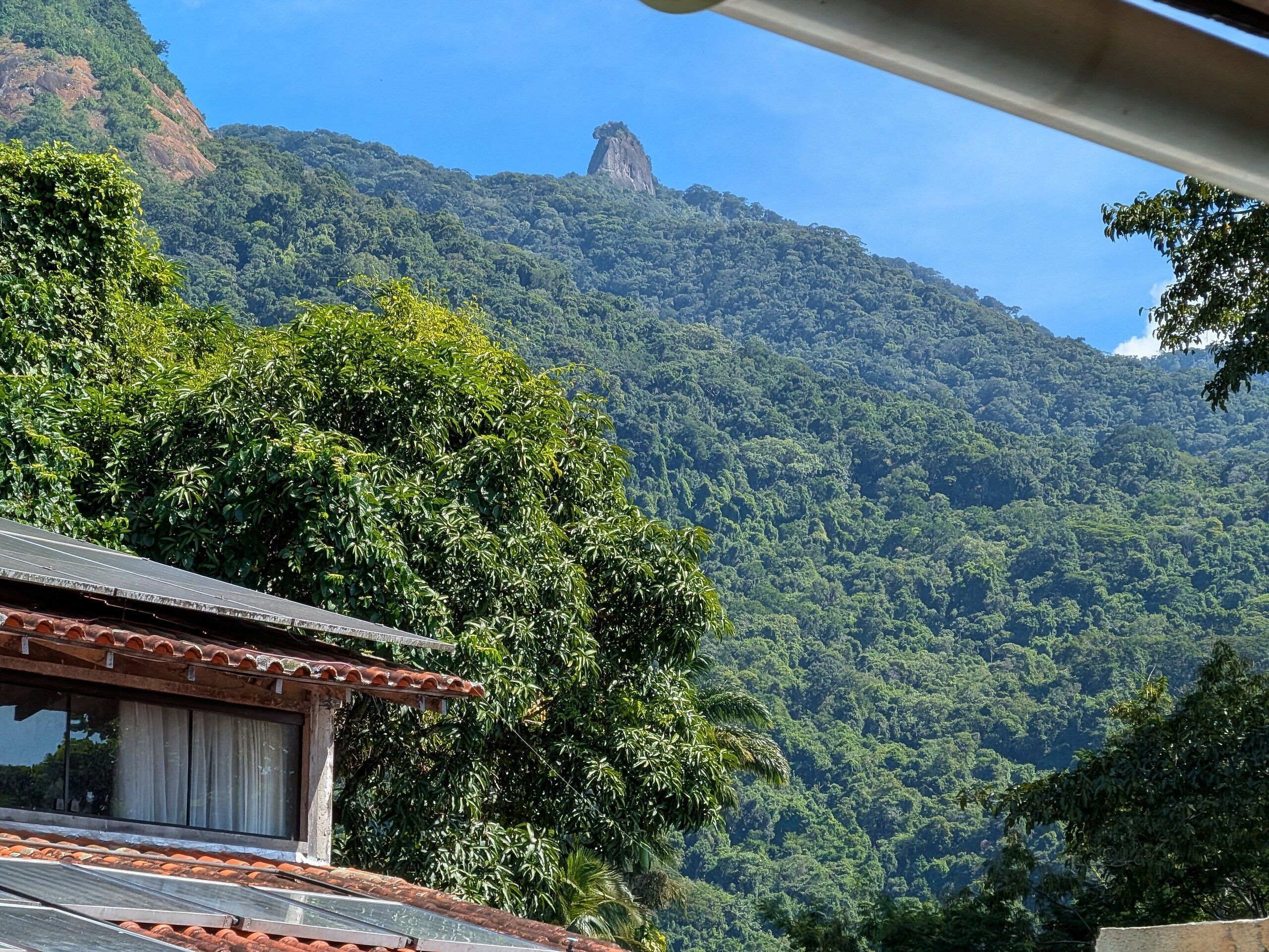 A building with a tiled roof and a window, surrounded by dense green foliage and a mountainous backdrop.