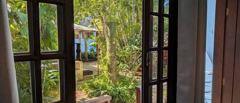A view through a window with a wooden frame, revealing a garden area with a bench and a pathway.