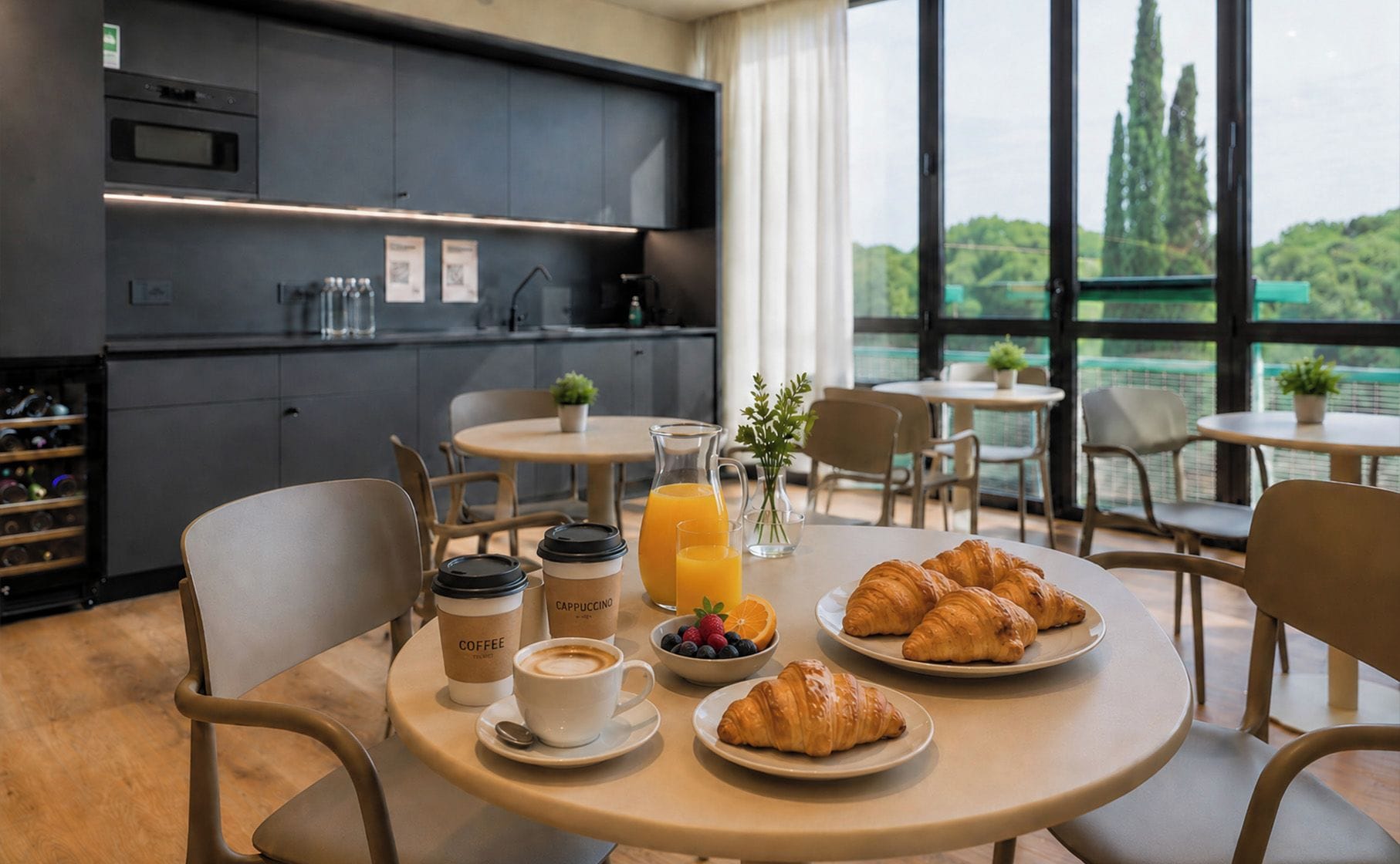 Un desayuno con croissants, café y jugo sobre una mesa, con vista a la vegetación a través de amplias ventanas.