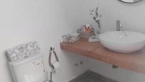 Un bagno con il water, un lavandino, uno specchio e una piccola pianta decorativa.