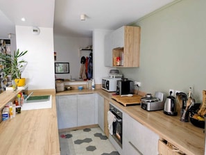 A compact kitchen with a microwave, toaster, kettle, and a small oven. There is a wooden countertop, a potted plant, and a tiled backsplash. - Lyon Center Apartment with private garden & garage (Lyon)