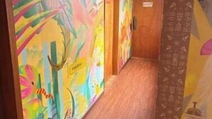 A hallway with colorful murals on the walls, wooden flooring, and a door at the end. - Historic Downtown - Modern Loft - Toque Cocha - Quillak (Nariño)