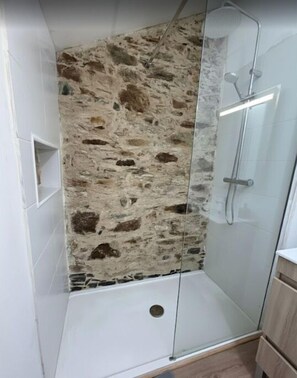 Shower, hair dryer, towels, toilet paper