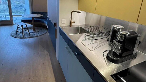 A modern kitchen with a coffee maker, a sink, and a window with a view. - Coastal Couple Hideaway in Oostduinkerke (Koksijde)