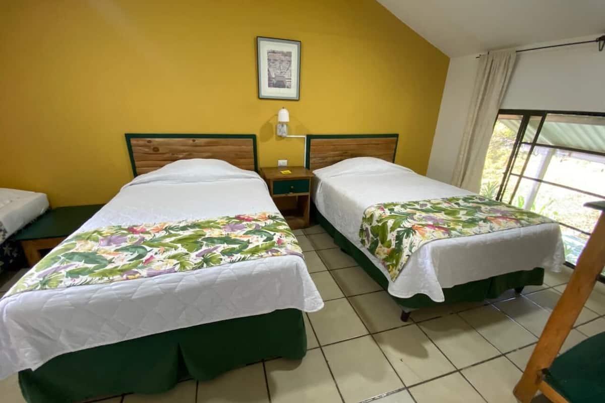 A room with two beds, a nightstand, a framed picture on the wall, and a window with curtains.
