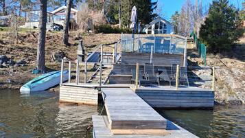 A wooden dock extending into a body of water with a small boat and a house in the background.