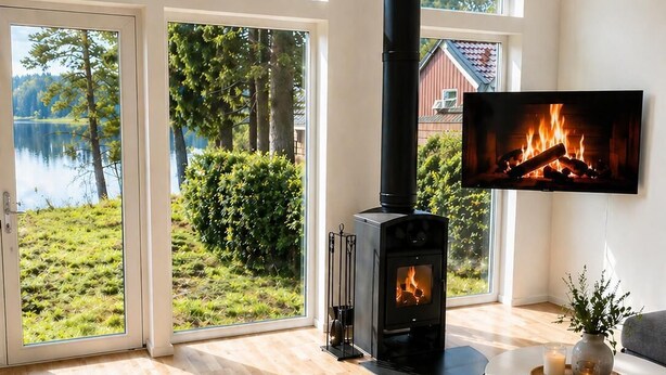 Una sala de estar moderna con chimenea, ventanas amplias y vistas a un lago.