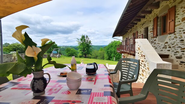 An outdoor table with a tablecloth, a vase with flowers, a kettle, and a bottle.