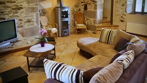 A cozy living room with a stone wall, a fireplace, a sofa, a television, and a dining table.