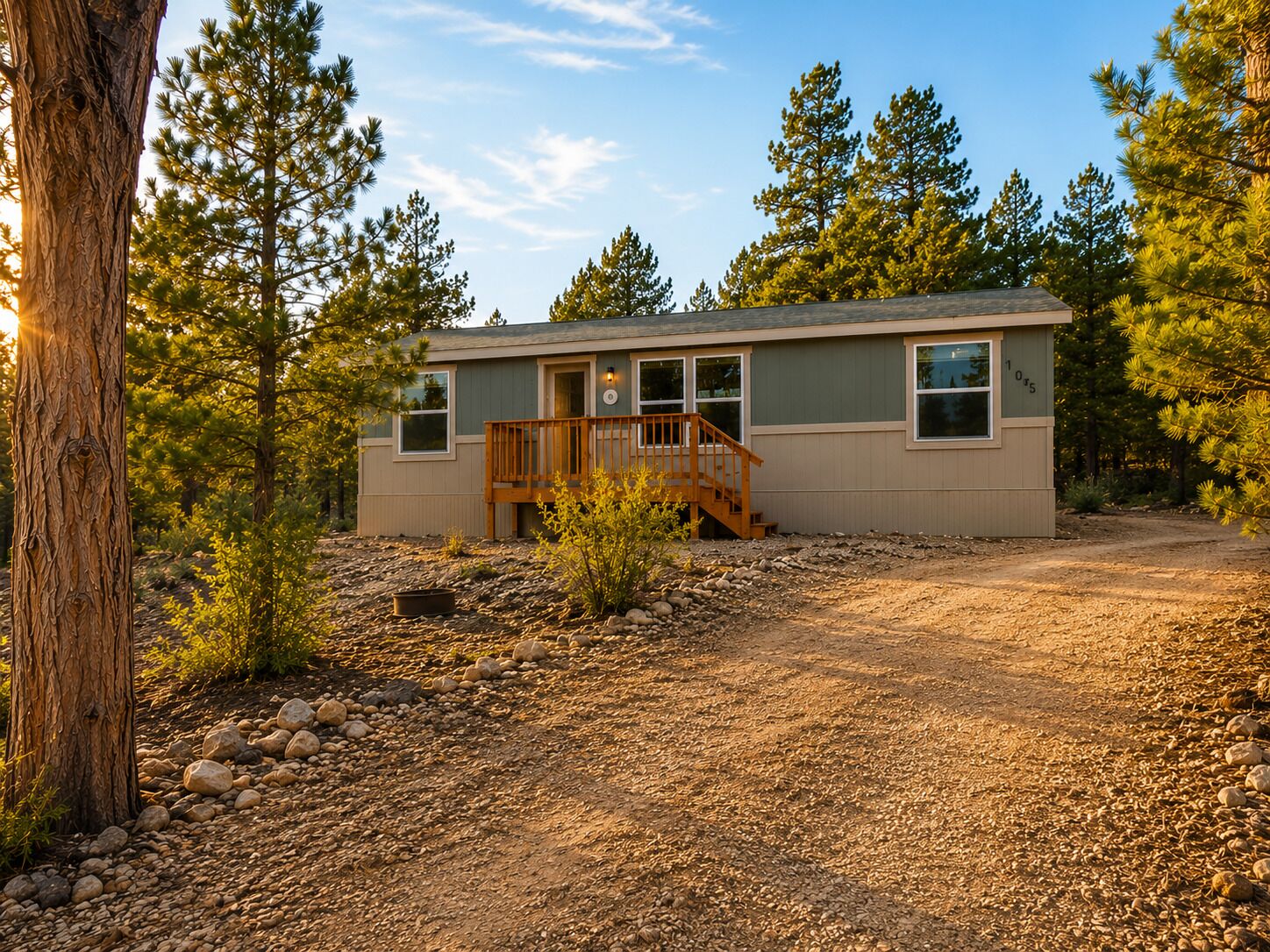 A single-story cabin with a wooden deck and a small staircase leading to the entrance.
