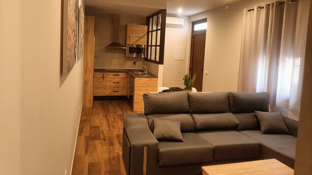A compact living space with a kitchenette, a sofa, and a wooden floor. - El Huertecillo 1 Apartment, Renaissance Village in La Mancha (Villanueva de los Infantes)