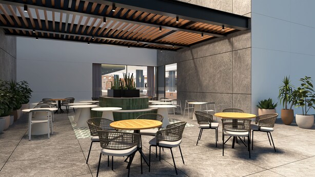 An outdoor seating area with round tables and wicker chairs, surrounded by potted plants and a wooden ceiling structure. - Courtyard by Marriott Torreon (Torreon)