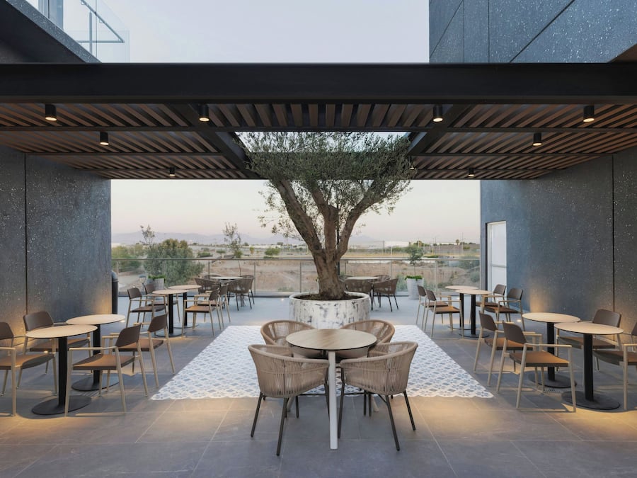 Un espacio al aire libre con mesas y sillas, un árbol y vistas del paisaje.