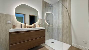 Shower, hair dryer, towels
